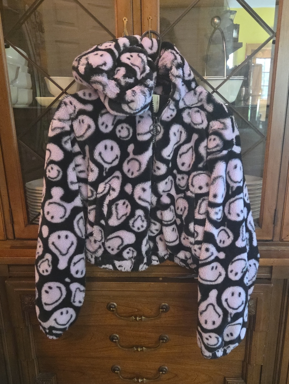 H&M Black Hooded Puffer Jacket with Pink Smiley Print